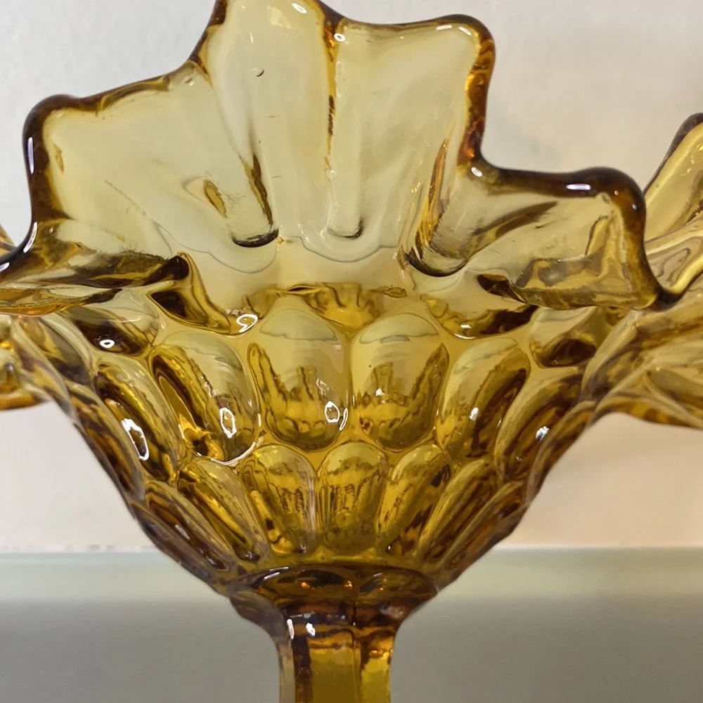 Vintage Fenton Colonial Thumbprint Amber Art Glass Footed Comote Candy Dish